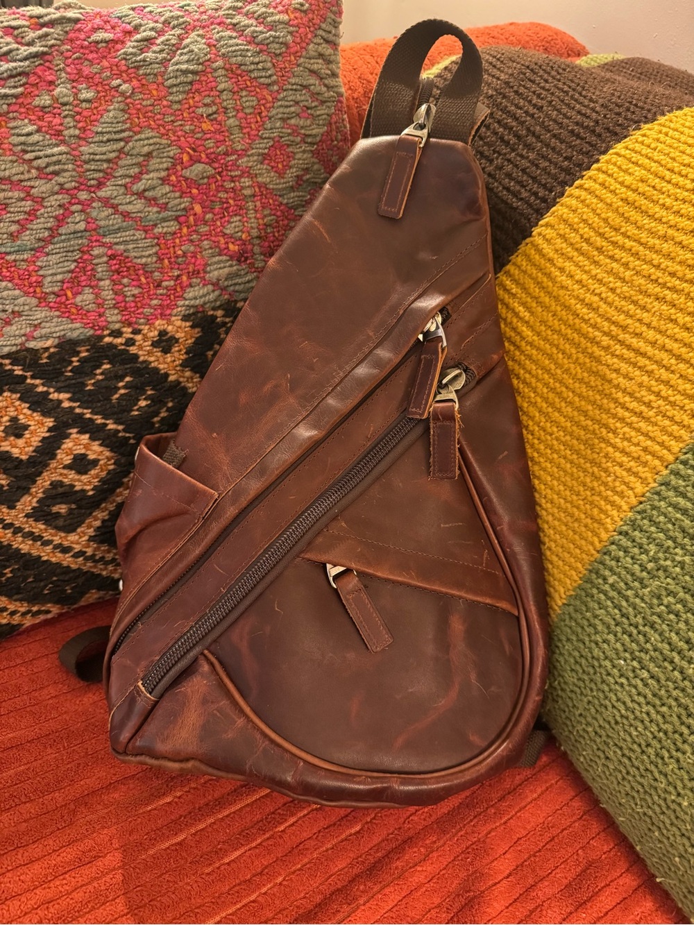 Brown Leather Sling Backpack Women - Boho Crossbody